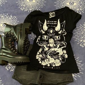 Killstar black baby doll women’s cut short sleeve magic cat T-shirt xs euc